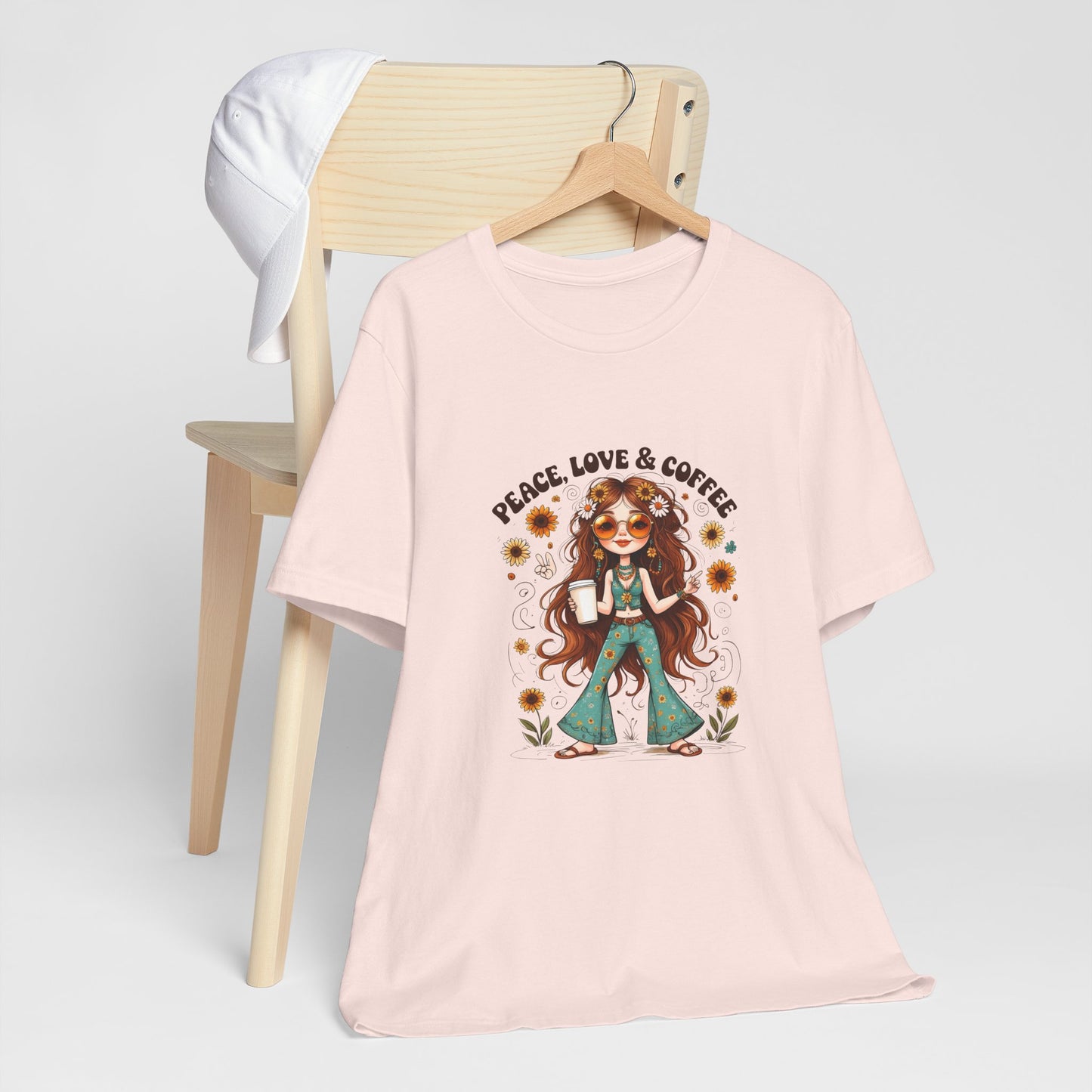 Boho Peace Love Coffee Tee, Relaxed Unisex Tee, Gift for Coffee Lovers, Casual Summer Shirt, Hippie Style Top, Festival Wear