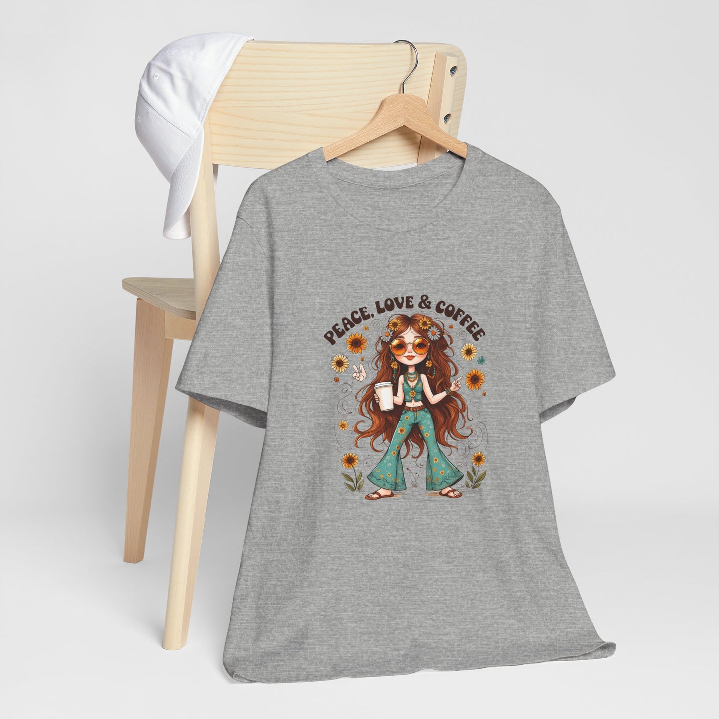 Boho Peace Love Coffee Tee, Relaxed Unisex Tee, Gift for Coffee Lovers, Casual Summer Shirt, Hippie Style Top, Festival Wear