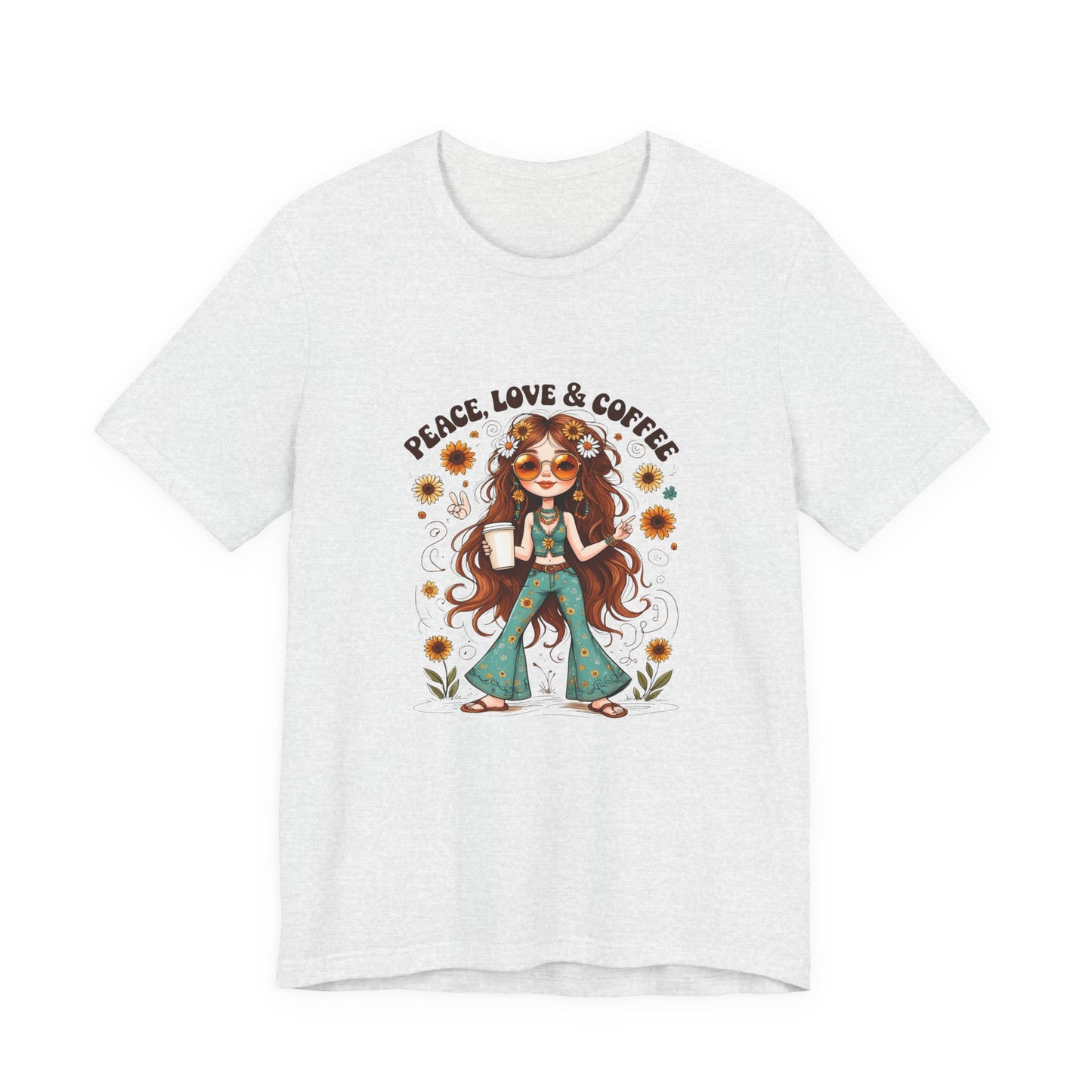 Boho Peace Love Coffee Tee, Relaxed Unisex Tee, Gift for Coffee Lovers, Casual Summer Shirt, Hippie Style Top, Festival Wear