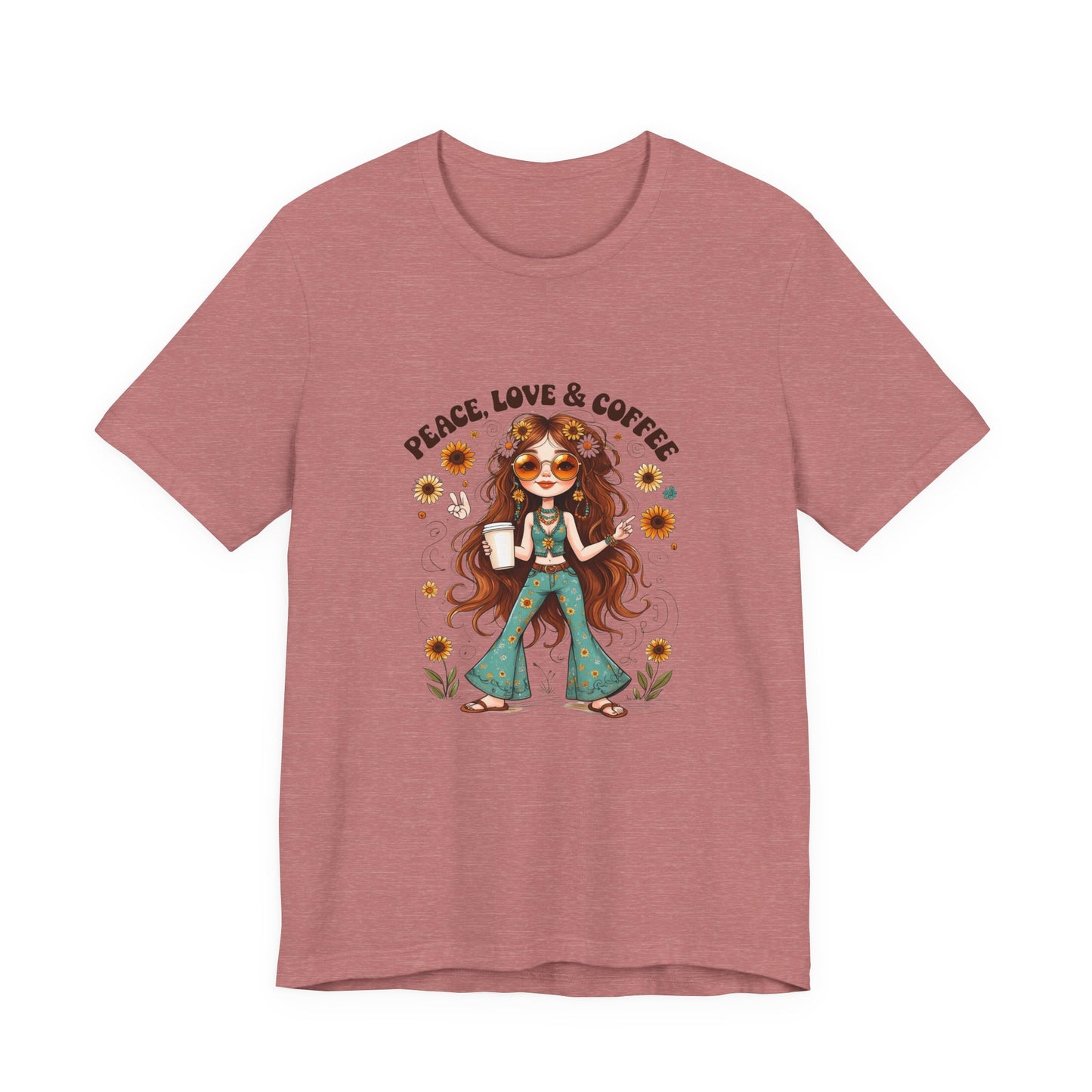 Boho Peace Love Coffee Tee, Relaxed Unisex Tee, Gift for Coffee Lovers, Casual Summer Shirt, Hippie Style Top, Festival Wear