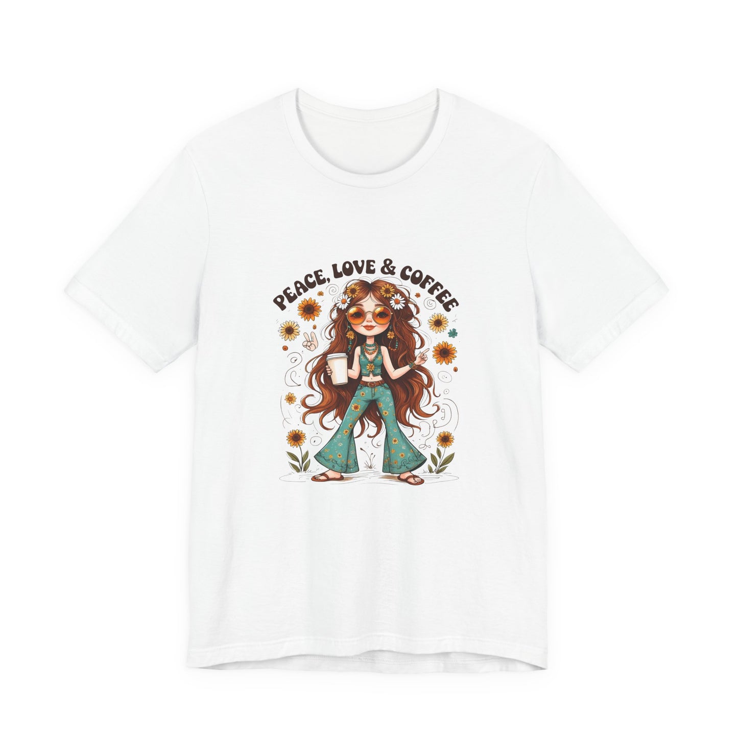 Boho Peace Love Coffee Tee, Relaxed Unisex Tee, Gift for Coffee Lovers, Casual Summer Shirt, Hippie Style Top, Festival Wear