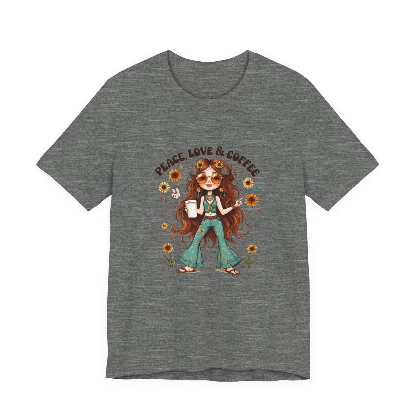 Boho Peace Love Coffee Tee, Relaxed Unisex Tee, Gift for Coffee Lovers, Casual Summer Shirt, Hippie Style Top, Festival Wear