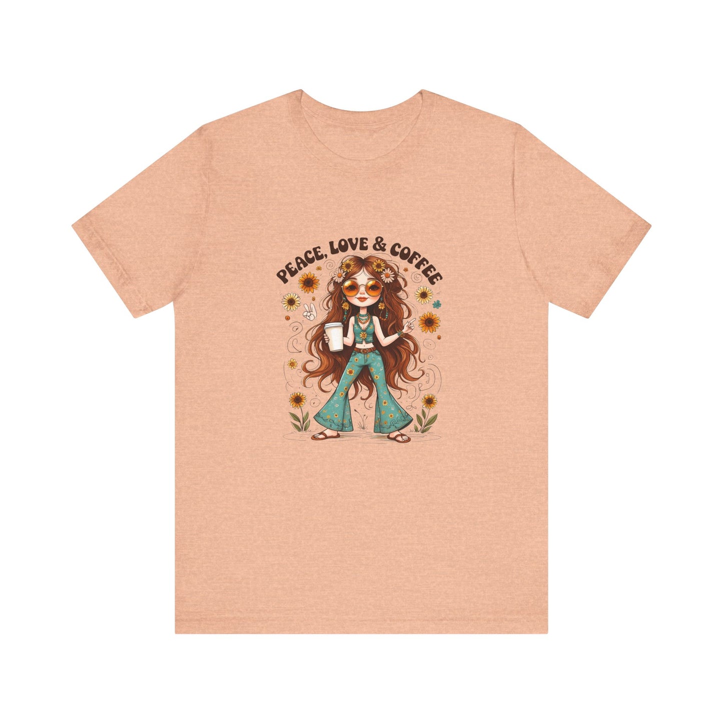 Boho Peace Love Coffee Tee, Relaxed Unisex Tee, Gift for Coffee Lovers, Casual Summer Shirt, Hippie Style Top, Festival Wear