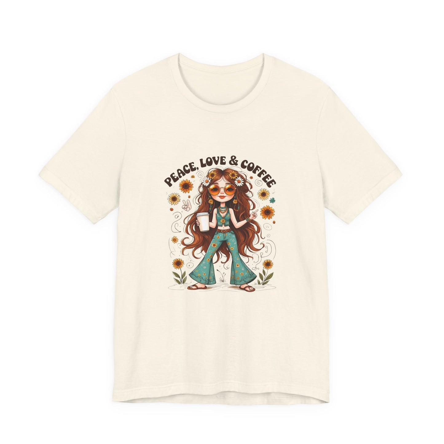 Boho Peace Love Coffee Tee, Relaxed Unisex Tee, Gift for Coffee Lovers, Casual Summer Shirt, Hippie Style Top, Festival Wear