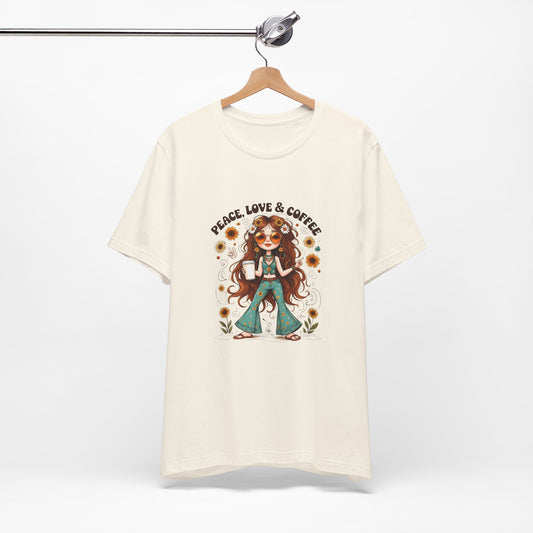 Boho Peace Love Coffee Tee, Relaxed Unisex Tee, Gift for Coffee Lovers, Casual Summer Shirt, Hippie Style Top, Festival Wear