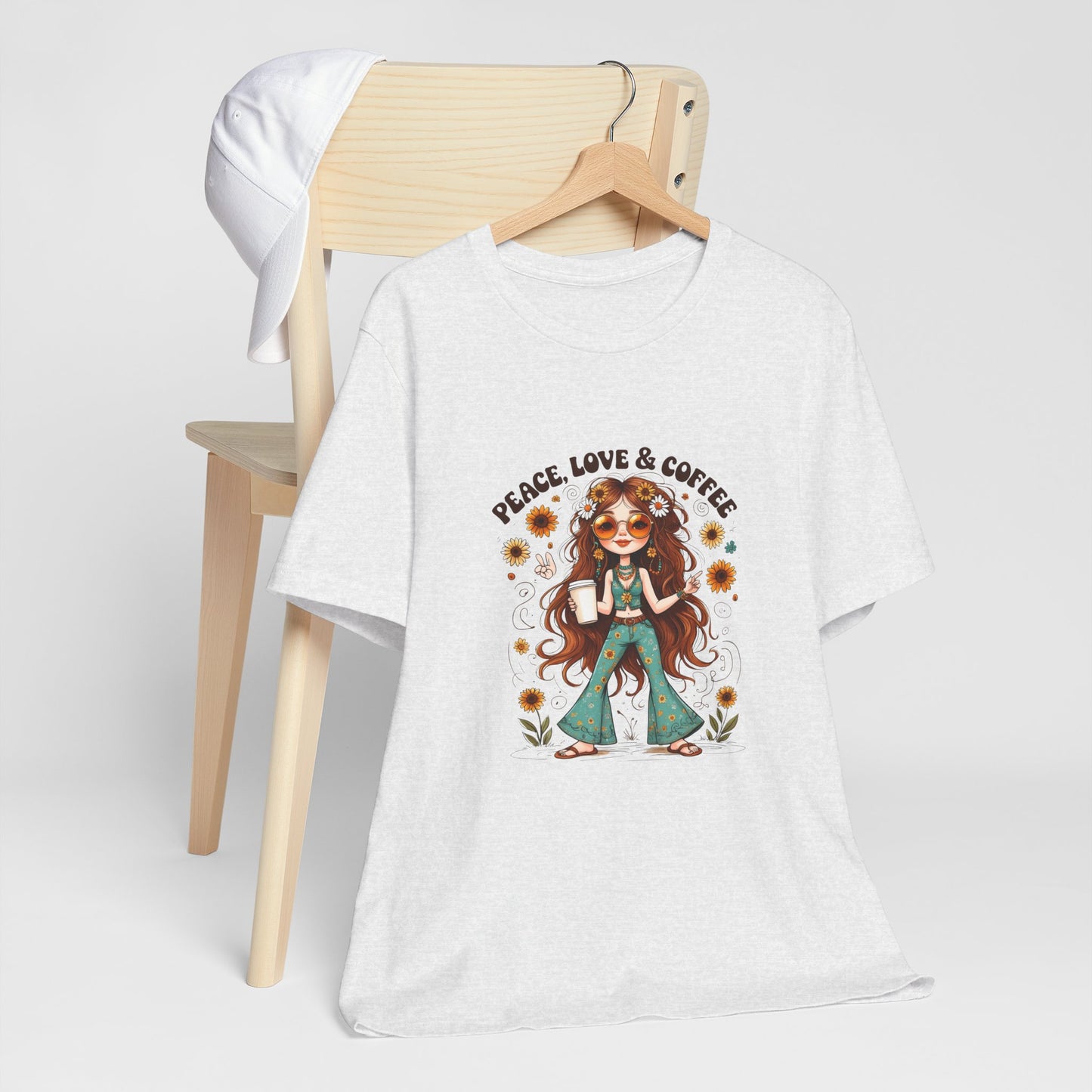 Boho Peace Love Coffee Tee, Relaxed Unisex Tee, Gift for Coffee Lovers, Casual Summer Shirt, Hippie Style Top, Festival Wear