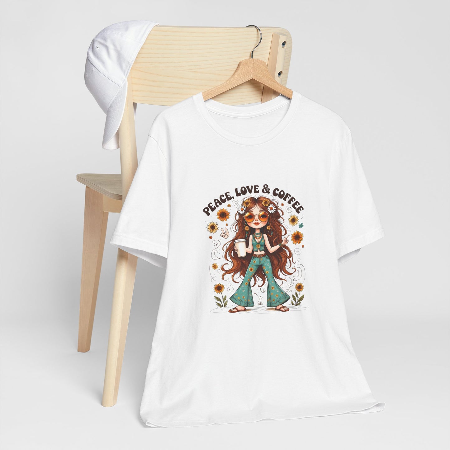 Boho Peace Love Coffee Tee, Relaxed Unisex Tee, Gift for Coffee Lovers, Casual Summer Shirt, Hippie Style Top, Festival Wear