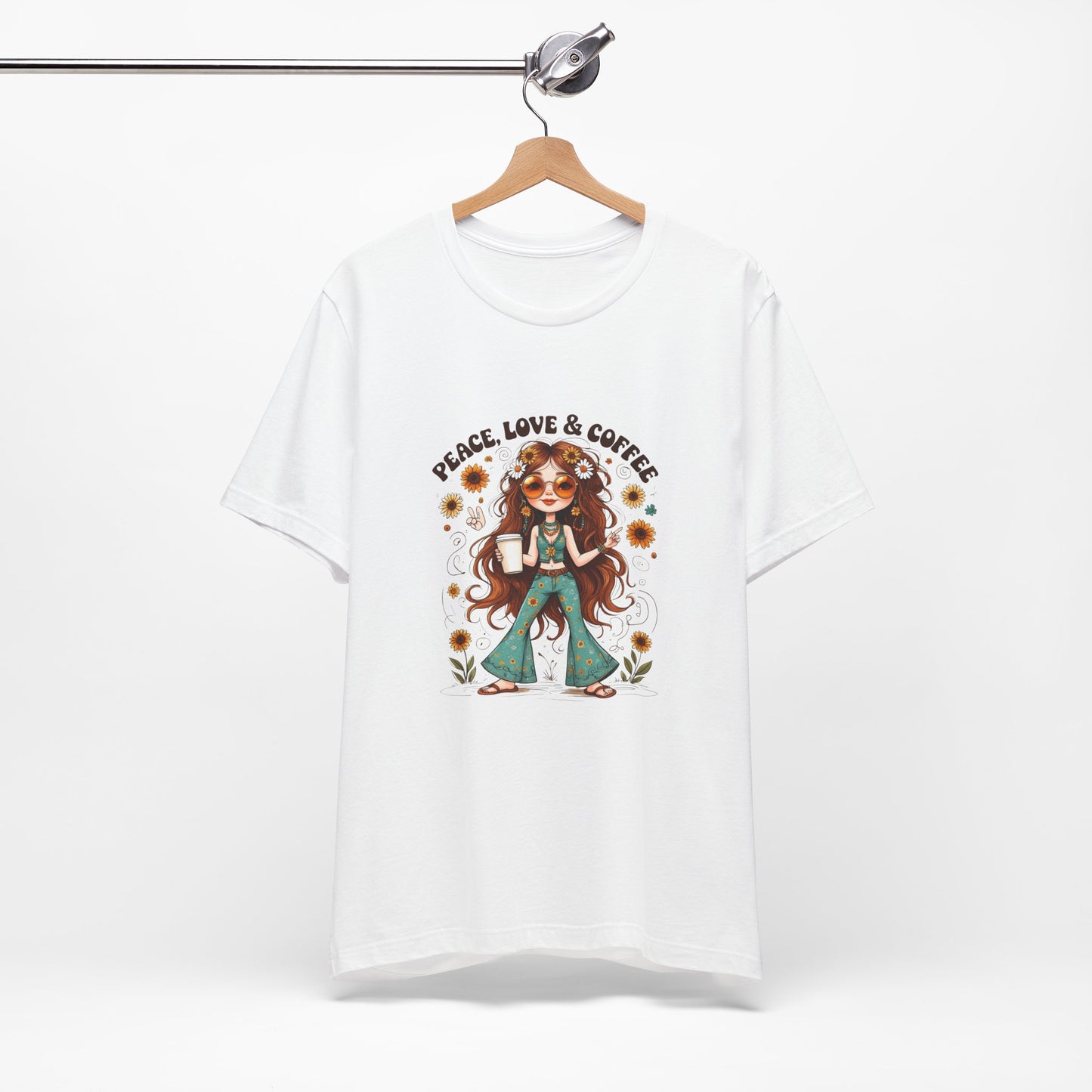 Boho Peace Love Coffee Tee, Relaxed Unisex Tee, Gift for Coffee Lovers, Casual Summer Shirt, Hippie Style Top, Festival Wear