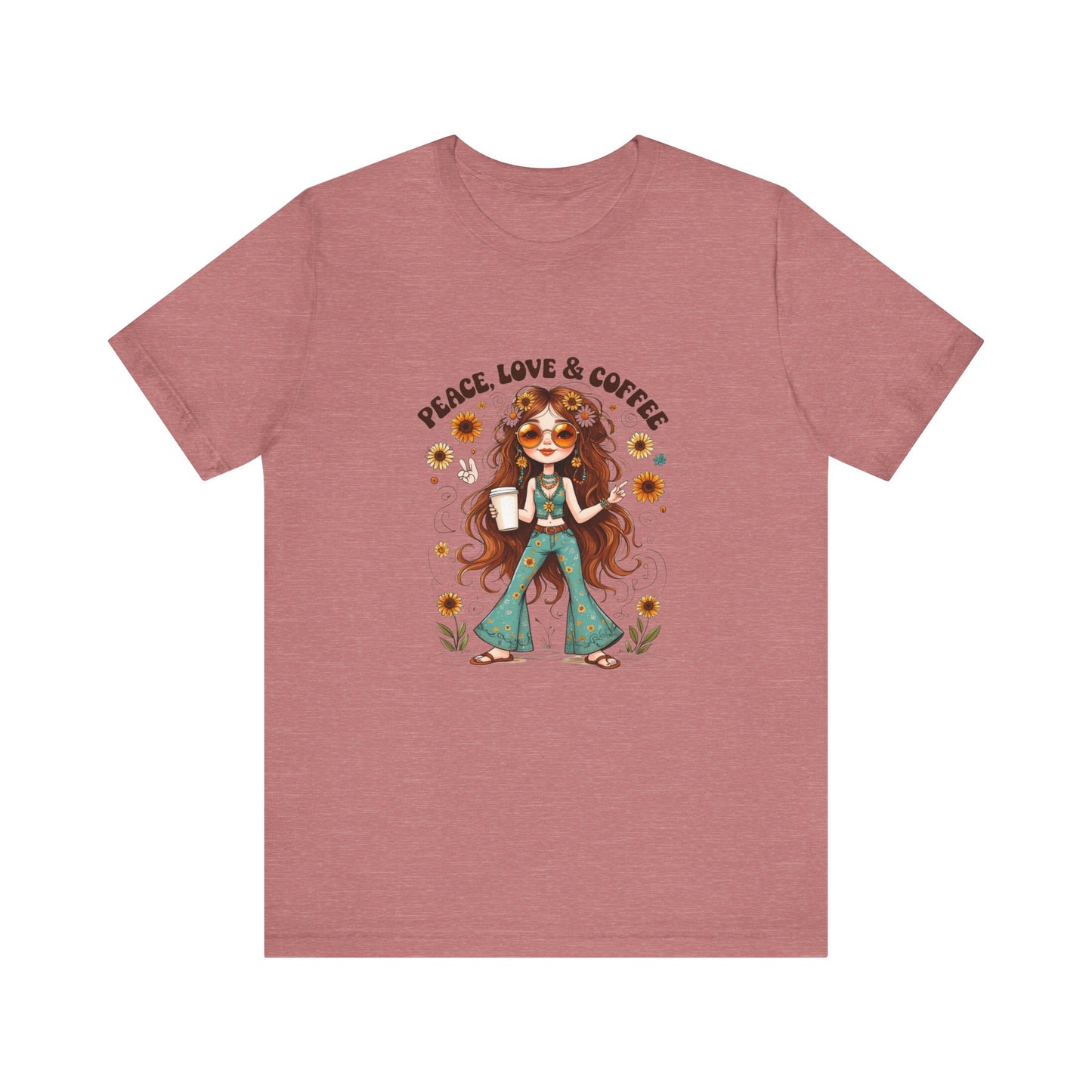 Boho Peace Love Coffee Tee, Relaxed Unisex Tee, Gift for Coffee Lovers, Casual Summer Shirt, Hippie Style Top, Festival Wear