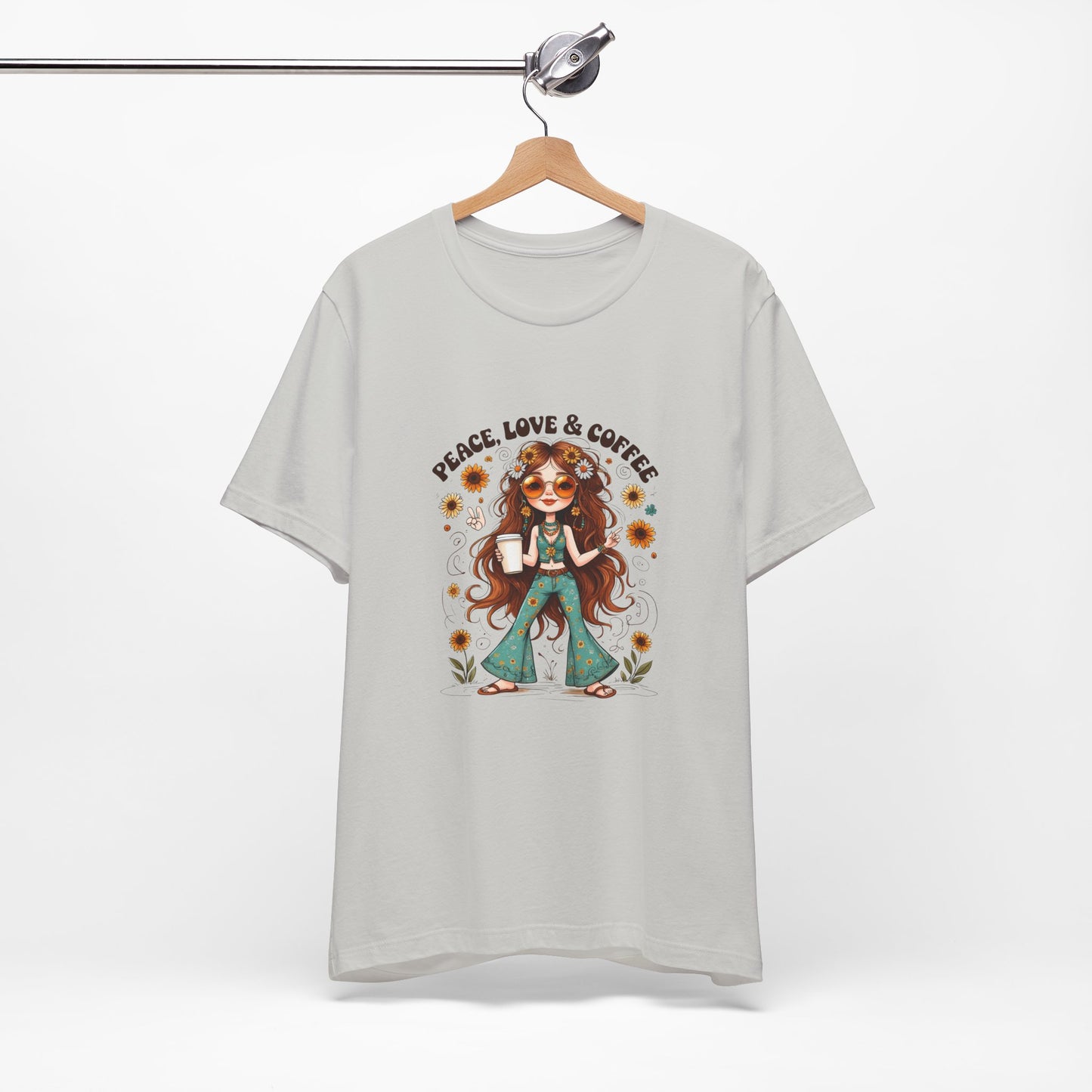 Boho Peace Love Coffee Tee, Relaxed Unisex Tee, Gift for Coffee Lovers, Casual Summer Shirt, Hippie Style Top, Festival Wear