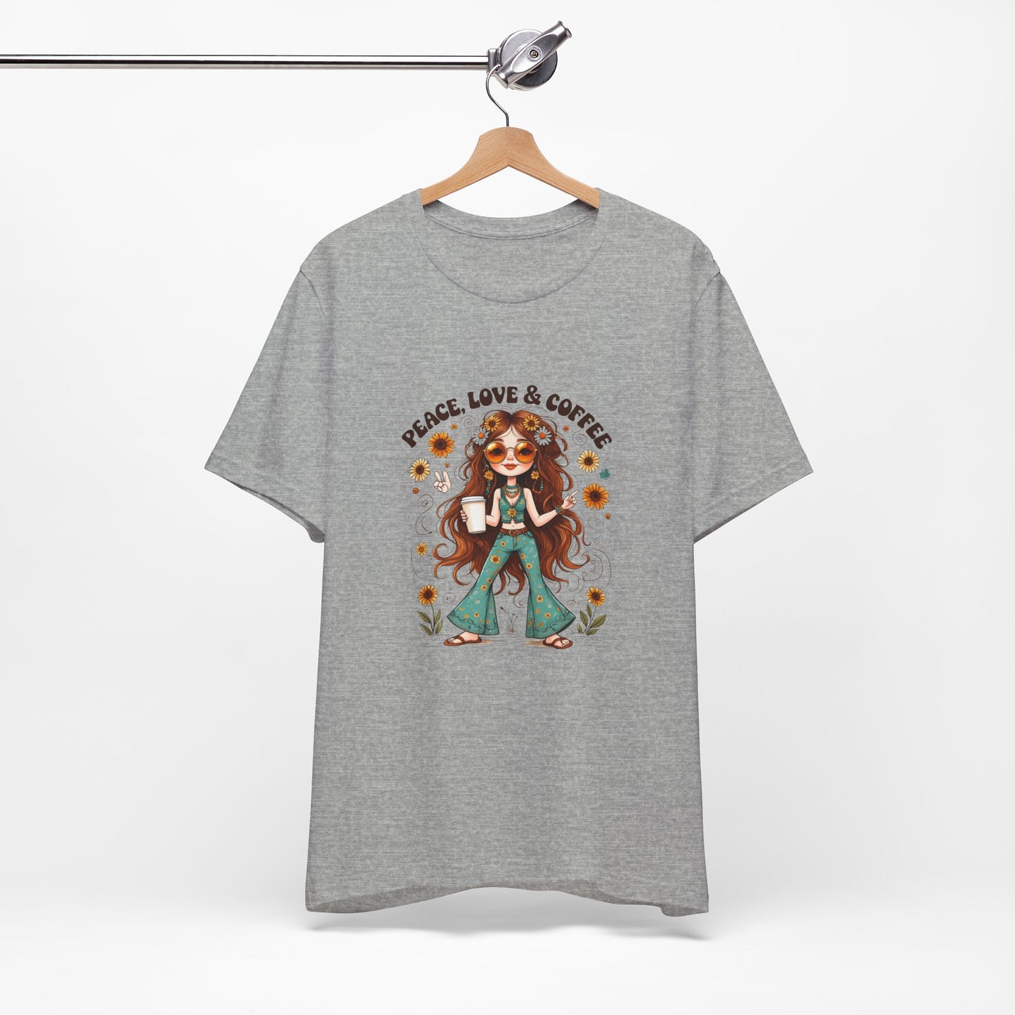Boho Peace Love Coffee Tee, Relaxed Unisex Tee, Gift for Coffee Lovers, Casual Summer Shirt, Hippie Style Top, Festival Wear