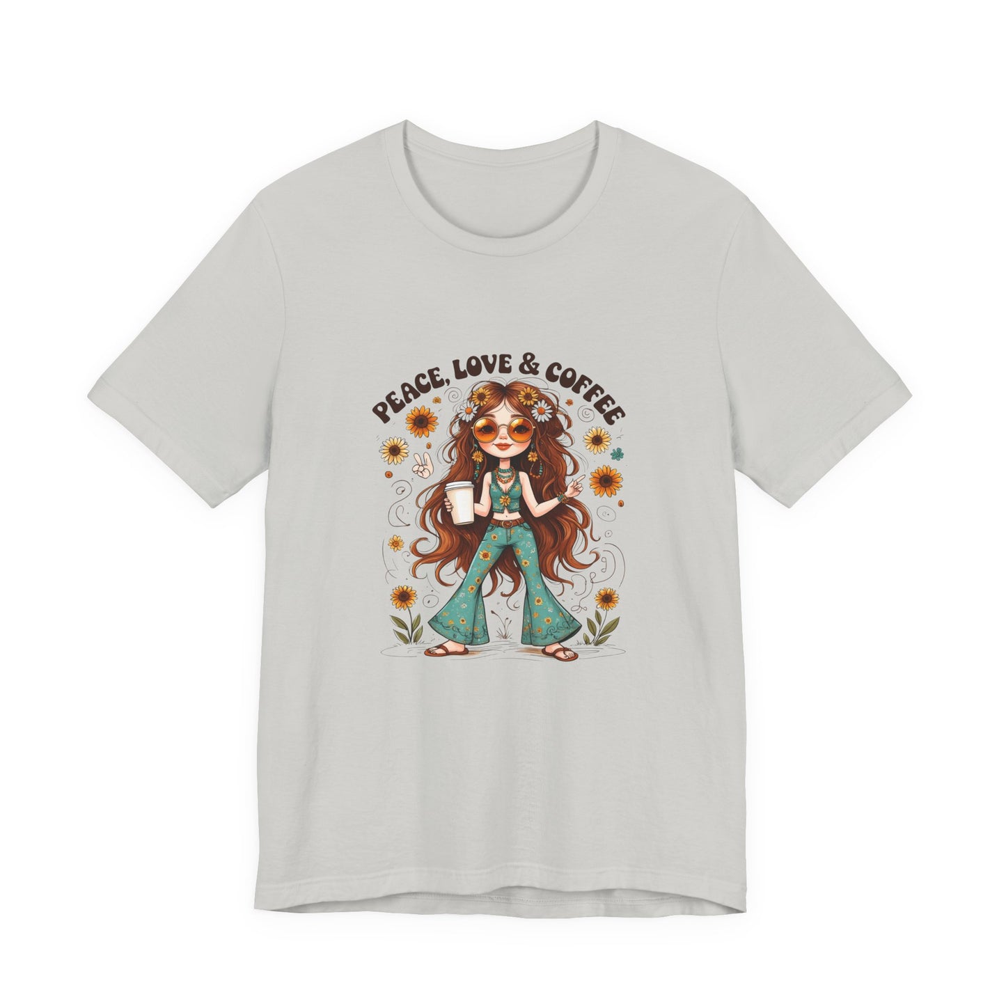 Boho Peace Love Coffee Tee, Relaxed Unisex Tee, Gift for Coffee Lovers, Casual Summer Shirt, Hippie Style Top, Festival Wear