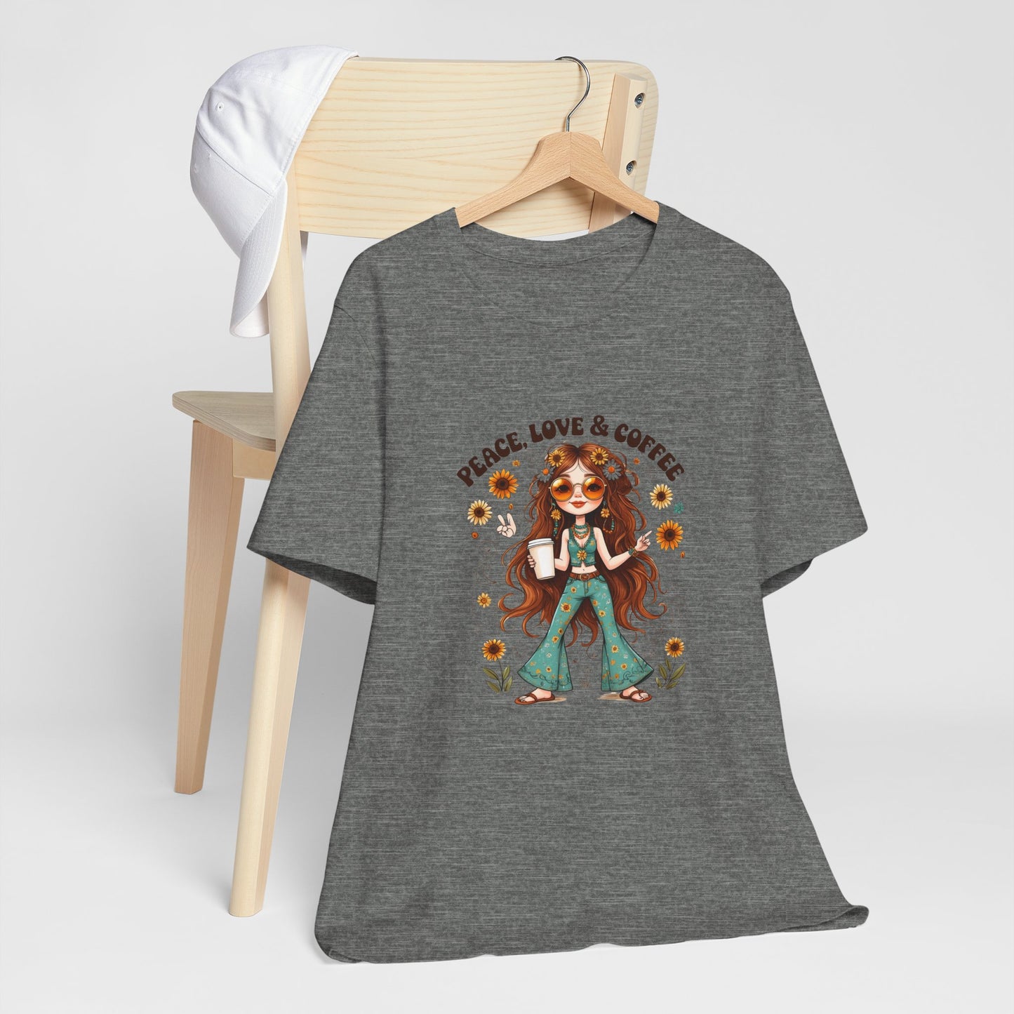 Boho Peace Love Coffee Tee, Relaxed Unisex Tee, Gift for Coffee Lovers, Casual Summer Shirt, Hippie Style Top, Festival Wear