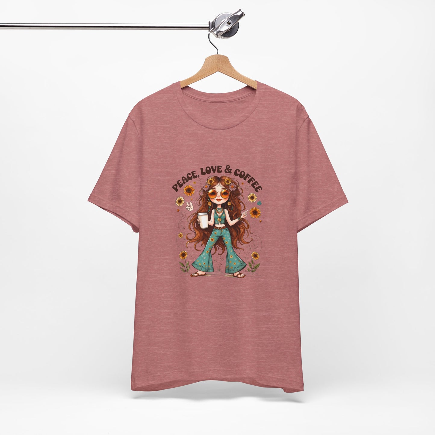 Boho Peace Love Coffee Tee, Relaxed Unisex Tee, Gift for Coffee Lovers, Casual Summer Shirt, Hippie Style Top, Festival Wear