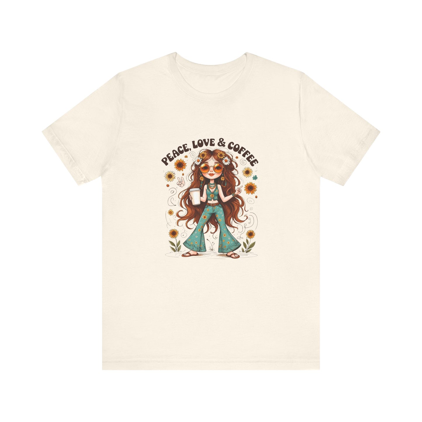 Boho Peace Love Coffee Tee, Relaxed Unisex Tee, Gift for Coffee Lovers, Casual Summer Shirt, Hippie Style Top, Festival Wear