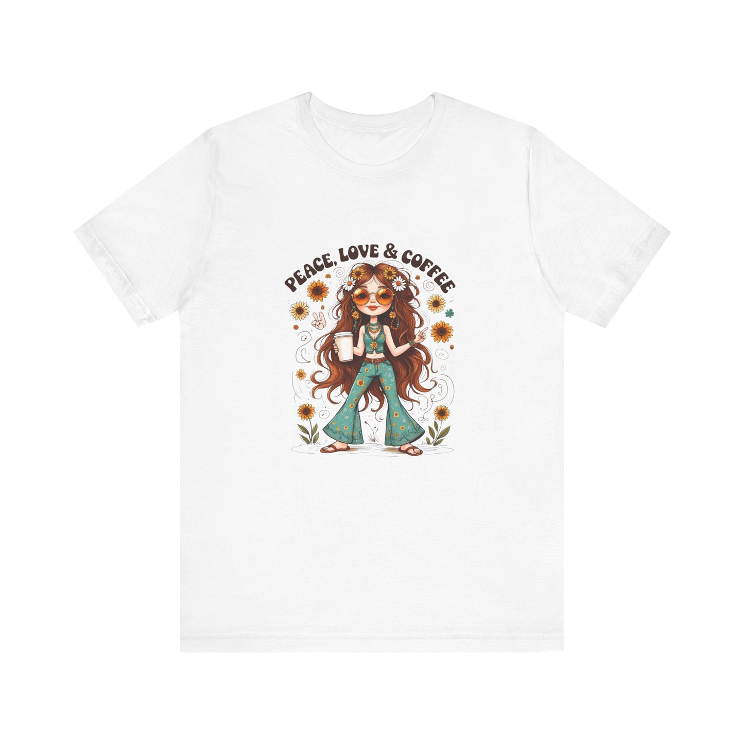 Boho Peace Love Coffee Tee, Relaxed Unisex Tee, Gift for Coffee Lovers, Casual Summer Shirt, Hippie Style Top, Festival Wear