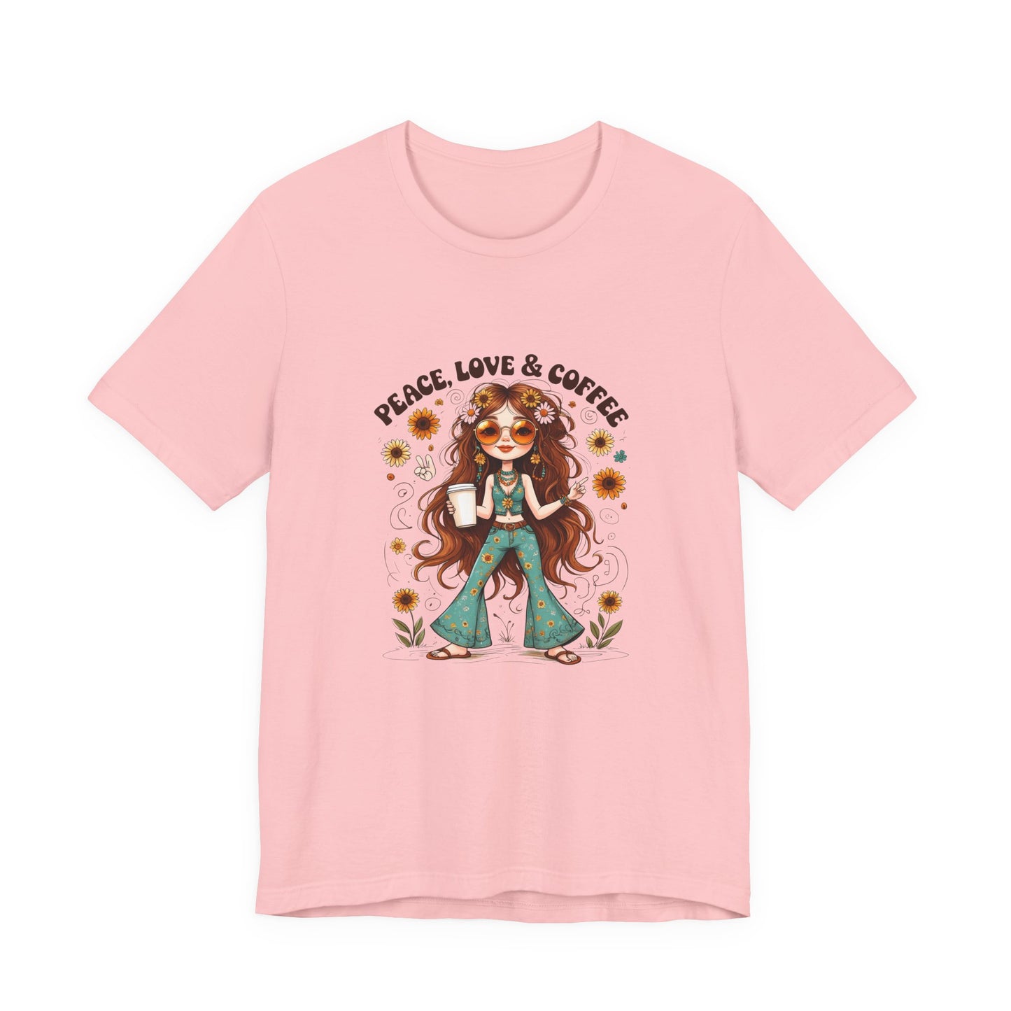 Boho Peace Love Coffee Tee, Relaxed Unisex Tee, Gift for Coffee Lovers, Casual Summer Shirt, Hippie Style Top, Festival Wear