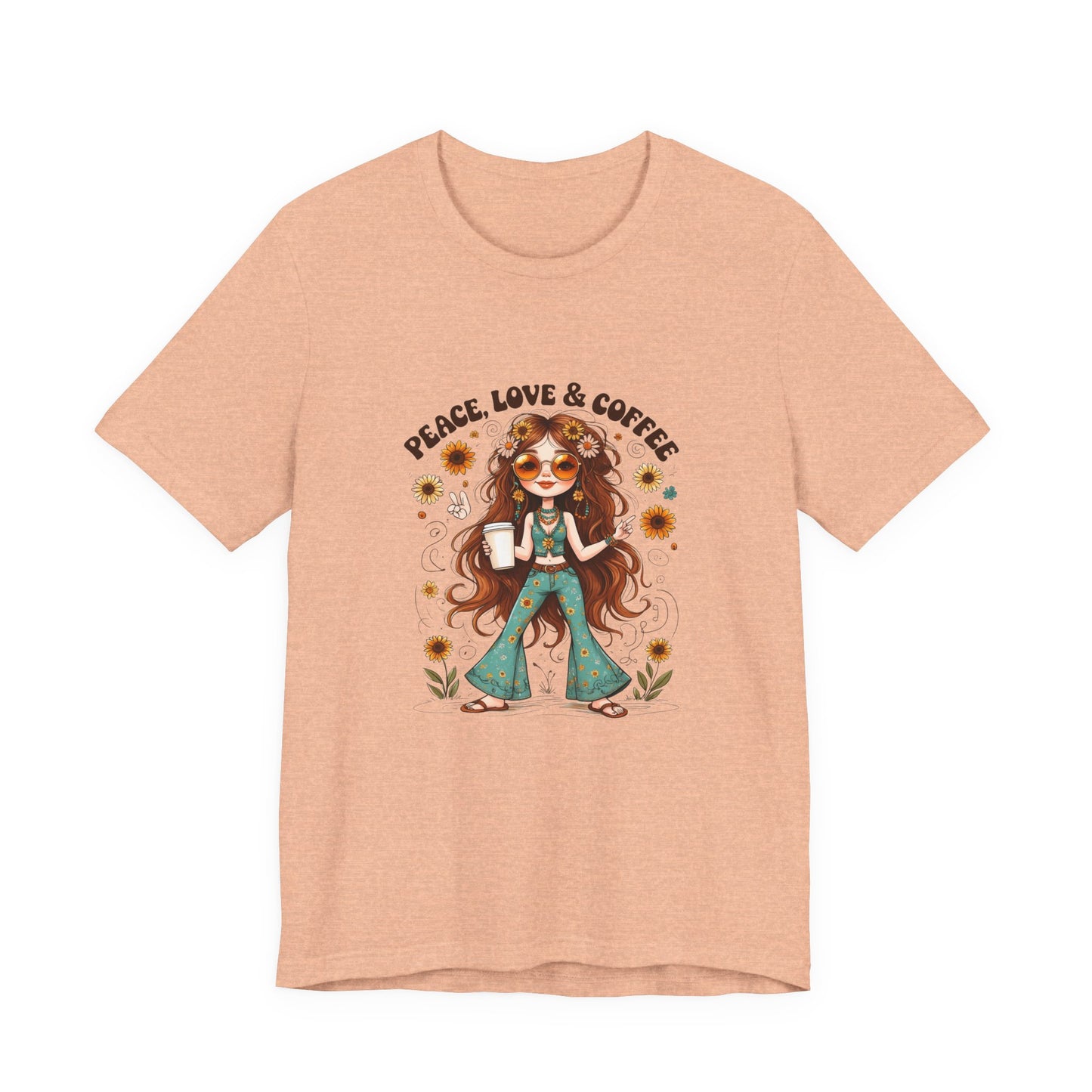 Boho Peace Love Coffee Tee, Relaxed Unisex Tee, Gift for Coffee Lovers, Casual Summer Shirt, Hippie Style Top, Festival Wear