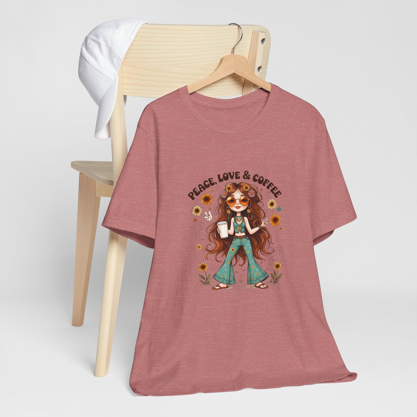 Boho Peace Love Coffee Tee, Relaxed Unisex Tee, Gift for Coffee Lovers, Casual Summer Shirt, Hippie Style Top, Festival Wear