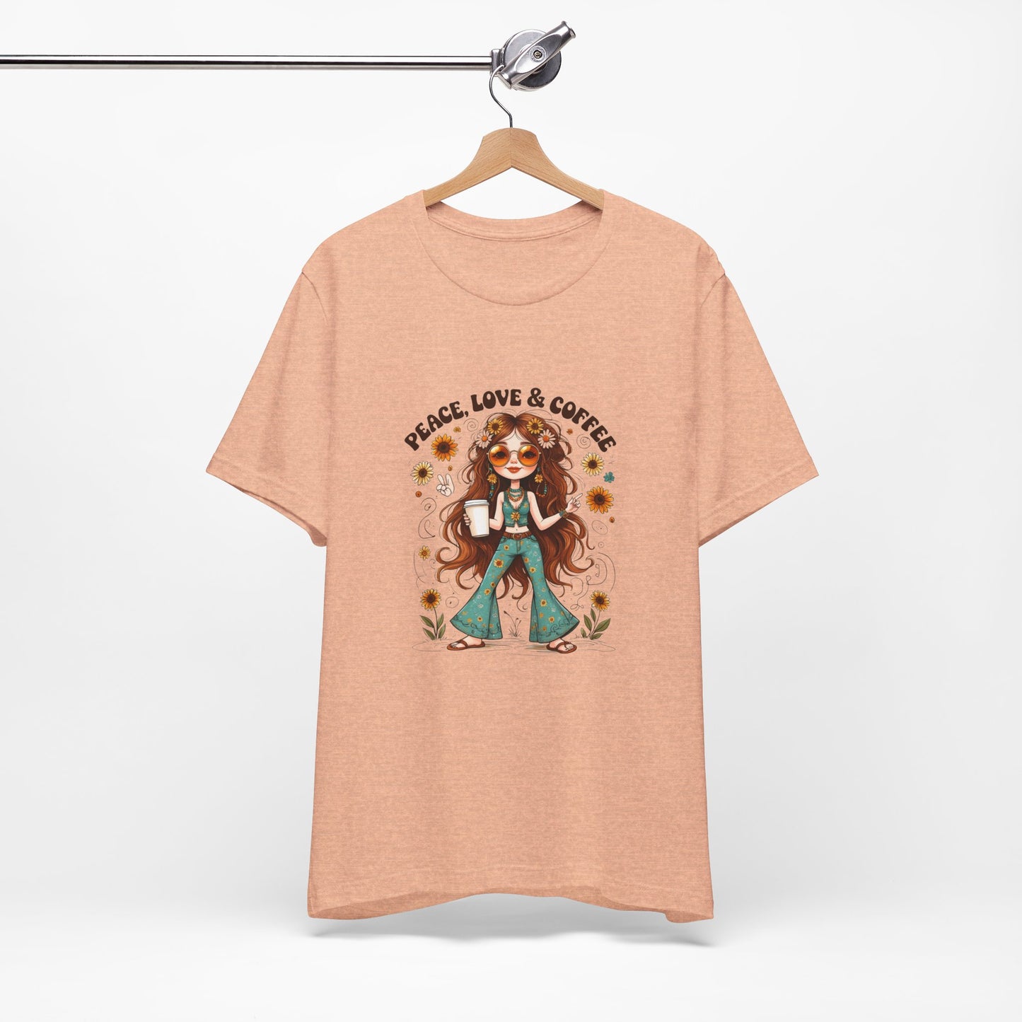 Boho Peace Love Coffee Tee, Relaxed Unisex Tee, Gift for Coffee Lovers, Casual Summer Shirt, Hippie Style Top, Festival Wear