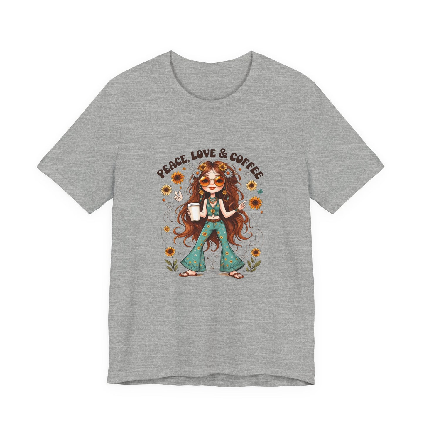 Boho Peace Love Coffee Tee, Relaxed Unisex Tee, Gift for Coffee Lovers, Casual Summer Shirt, Hippie Style Top, Festival Wear