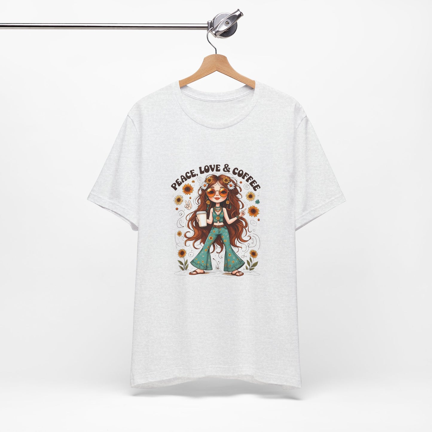 Boho Peace Love Coffee Tee, Relaxed Unisex Tee, Gift for Coffee Lovers, Casual Summer Shirt, Hippie Style Top, Festival Wear
