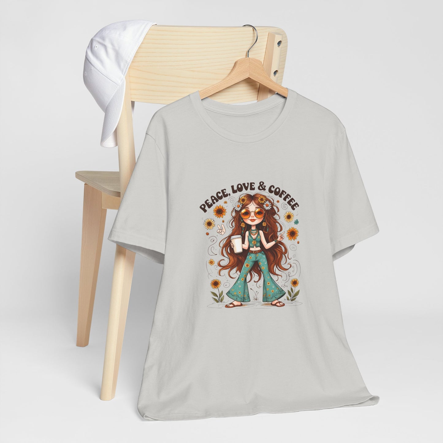 Boho Peace Love Coffee Tee, Relaxed Unisex Tee, Gift for Coffee Lovers, Casual Summer Shirt, Hippie Style Top, Festival Wear