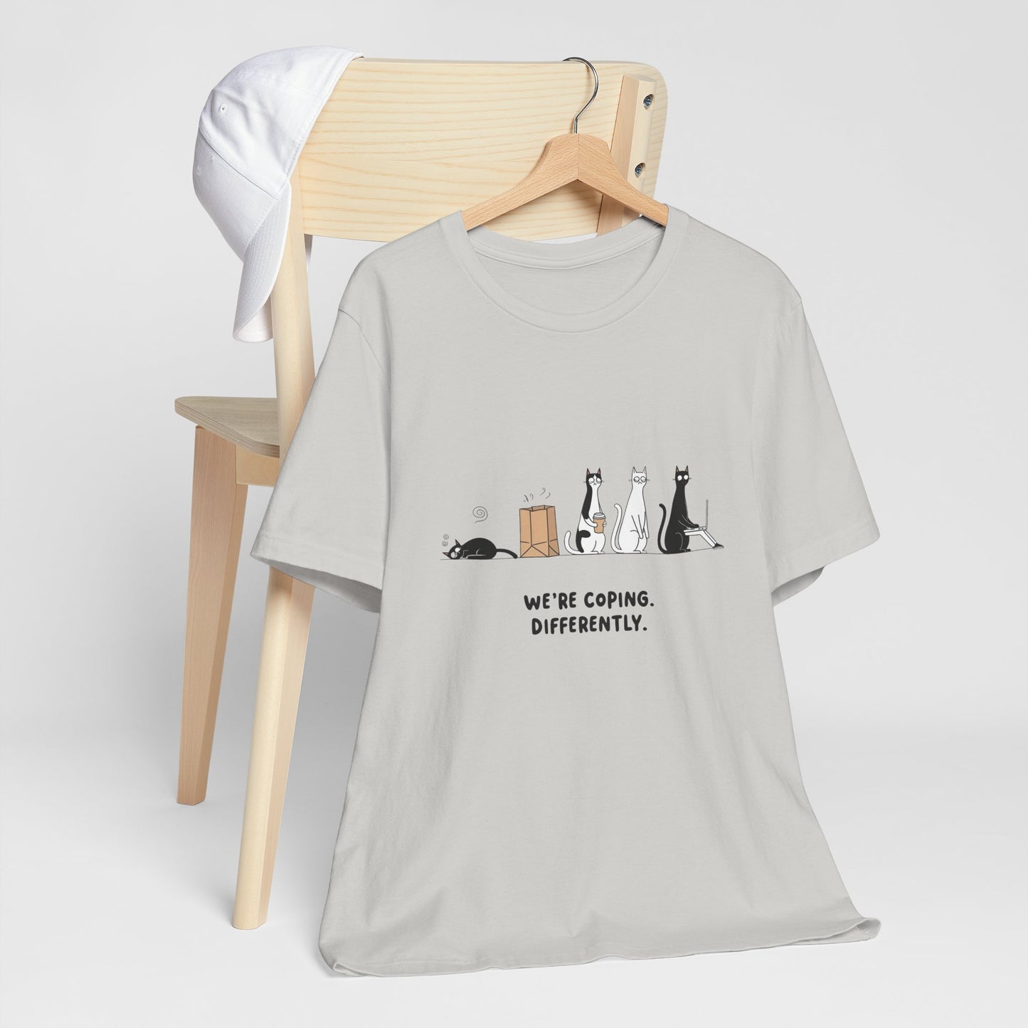 Quirky Cat Tee - We're Coping Differently, Cat Lovers Gift, Funny Pet Tee, Cute Animal Shirt, Unisex Graphic T-Shirt