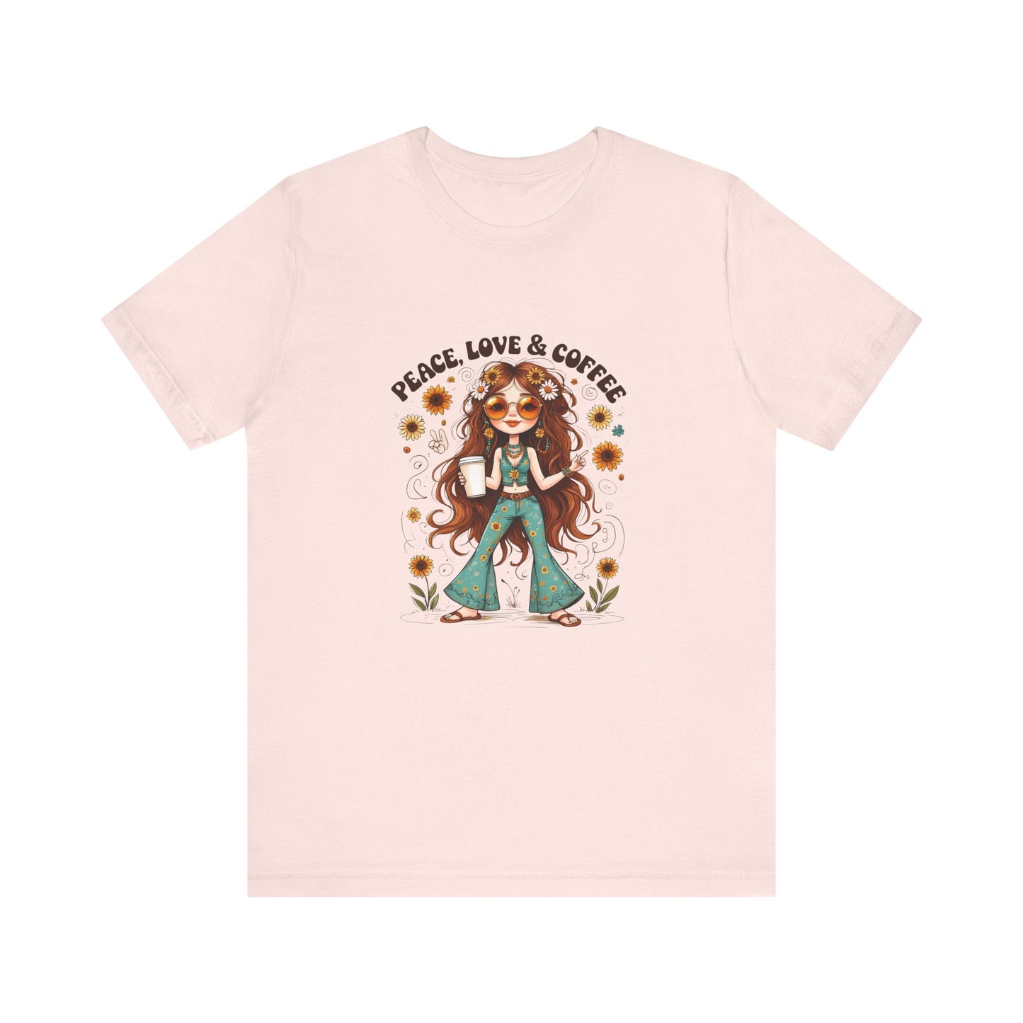 Boho Peace Love Coffee Tee, Relaxed Unisex Tee, Gift for Coffee Lovers, Casual Summer Shirt, Hippie Style Top, Festival Wear