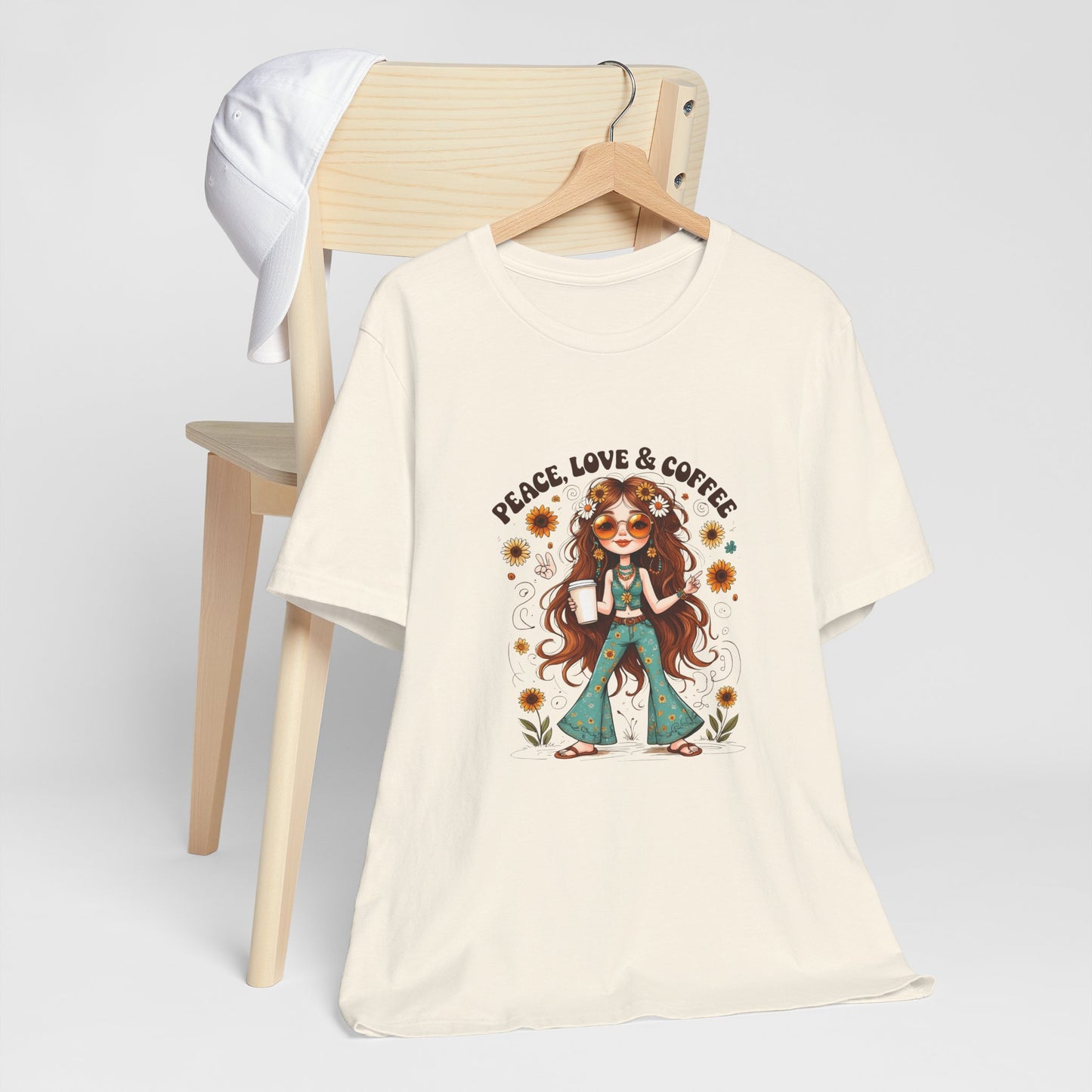 Boho Peace Love Coffee Tee, Relaxed Unisex Tee, Gift for Coffee Lovers, Casual Summer Shirt, Hippie Style Top, Festival Wear
