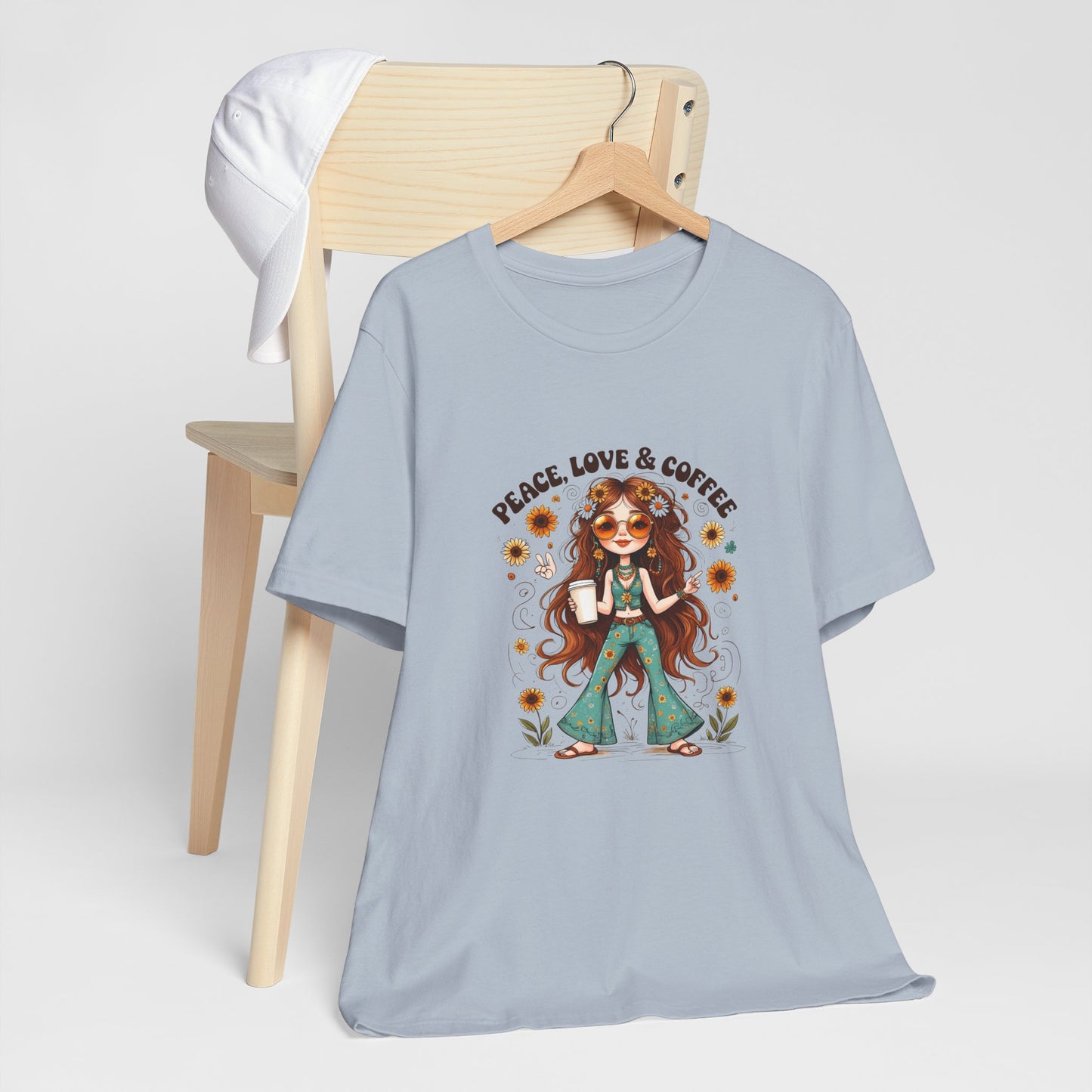 Boho Peace Love Coffee Tee, Relaxed Unisex Tee, Gift for Coffee Lovers, Casual Summer Shirt, Hippie Style Top, Festival Wear