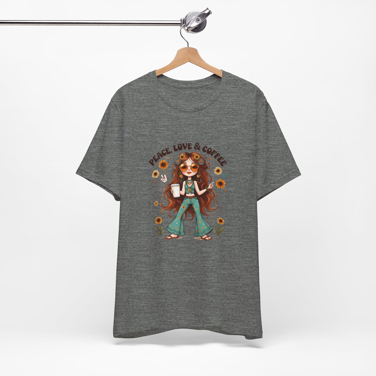 Boho Peace Love Coffee Tee, Relaxed Unisex Tee, Gift for Coffee Lovers, Casual Summer Shirt, Hippie Style Top, Festival Wear