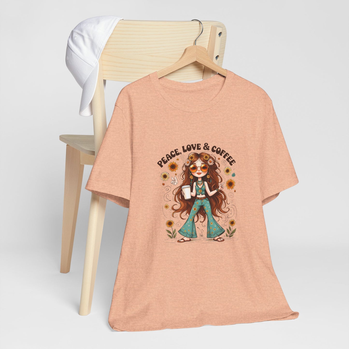 Boho Peace Love Coffee Tee, Relaxed Unisex Tee, Gift for Coffee Lovers, Casual Summer Shirt, Hippie Style Top, Festival Wear