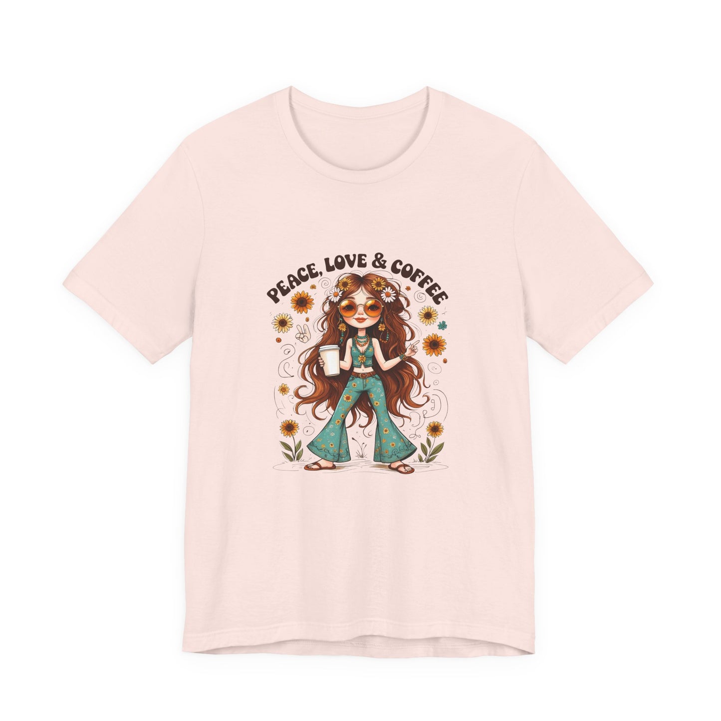 Boho Peace Love Coffee Tee, Relaxed Unisex Tee, Gift for Coffee Lovers, Casual Summer Shirt, Hippie Style Top, Festival Wear