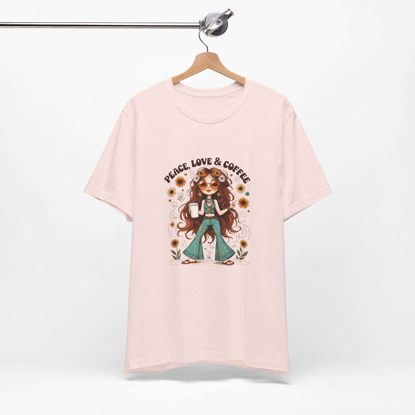 Boho Peace Love Coffee Tee, Relaxed Unisex Tee, Gift for Coffee Lovers, Casual Summer Shirt, Hippie Style Top, Festival Wear